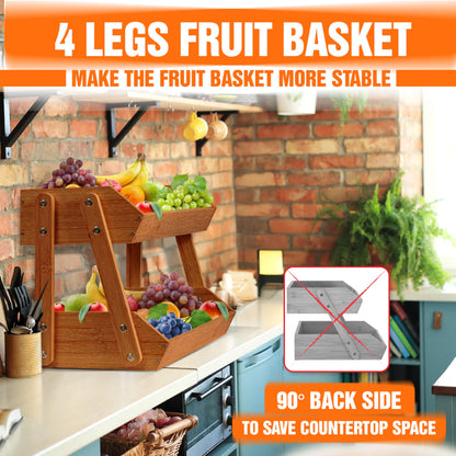 [Upgraded Length] 16.5-Inch Fruit Stand Storage Holder with 4 Sturdier Legs, 2-Tier Fruit Basket , Bamboo Fruit Bowl Holder for Fruit,Vegetables, Snacks, Home Kitchen Countertop Organizer (Walnut)