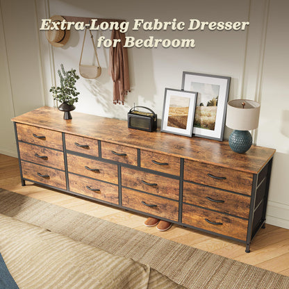 Huuger 70 Inch Dresser for Bedroom, TV Stand for 65, 75, 80 Inch TV, 13 Fabric Drawer Long Dresser, Large Entertainment Center for Bedroom, Wide Chest of Drawer with Storage, Rustic Brown