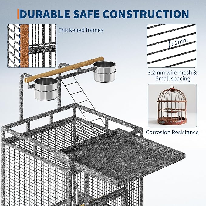 61 Inch Large Bird Flight Cage Rolling Parrot Cage with Storage Shelf for Mid-Sized Birds, Macaw Cockatiels Conures Parakeets Budgie Finch