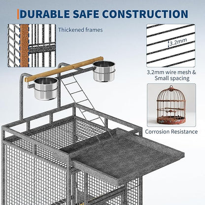 61 Inch Large Bird Flight Cage Rolling Parrot Cage with Storage Shelf for Mid-Sized Birds, Macaw Cockatiels Conures Parakeets Budgie Finch