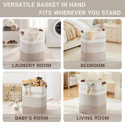 75L Tall Laundry Hamper with Handles for Living Room Storage, Large Woven Rope Baskets Bin for Blanket, Kids Toy, Gifts, Wicker Hamper for Bedroom Dirty Clothes, 16"x13"x22" White Brown
