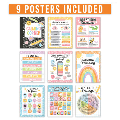 Hadley Designs 9 Calming Corner Posters for Classroom Must Haves - Calm Down Corner Supplies with Emotions Chart, School Counselor Mental Health Poster, Feelings Chart For Kids, Pastel Classroom Decor