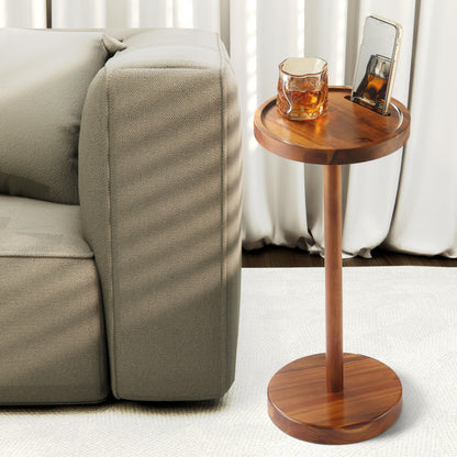 NAGAWOOD Pedestal Side Table, Acacia Drink Table with Weighted Base, Small Round Side Table for Small Spaces with Phone Holder, Martini & Cocktail Pedestal End Table for Living Room, RVs, Home Office