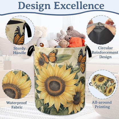 Vintage Sunflower Laundry Basket, Foldable Oxford Cloth Butterfly Laundry Hamper