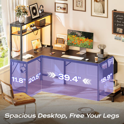 PRAISUN 51.2" L Shaped Gaming Desk with Power Outlets & USB-C Port, LED Lights, Computer Desk with Pegboard, Corner Desk with Storage Shelves & Bag, Office Desk with CPU Stand for Home Office, Black