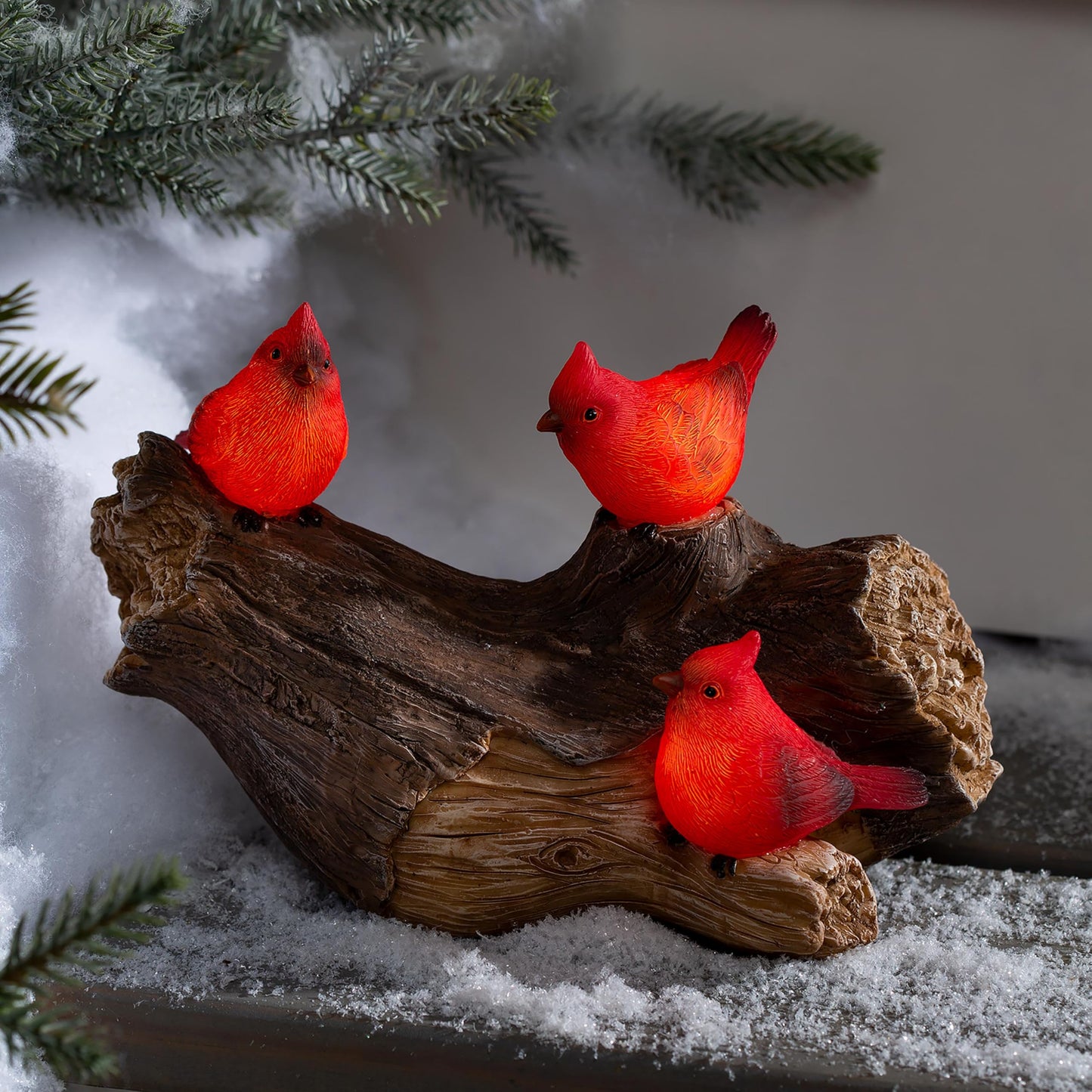 Evergreen Garden 5" H Solar Cardinal Family On Wooden Log, Garden Statues Bird with Solar Outdoor Light for Garden Decor, Cardinals Figurine Decorations for Home Decoration, Housewarming Gifts