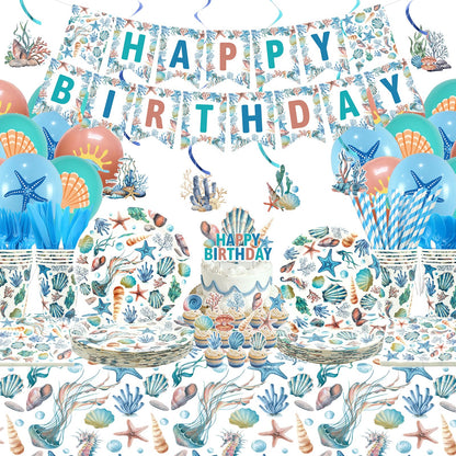 Obussgar Shells Birthday Party Decorations - Shells Party Supplies including Banner, Plate, Cake Topper, Cup, Napkin, Balloon, Tablecloth - Serves 20