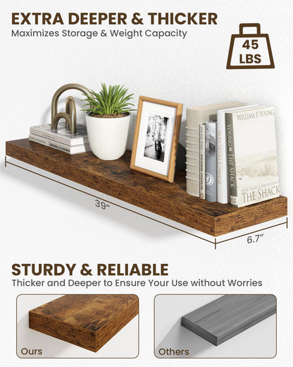 Marsmiles 40" Floating Shelves for Wall, Wooden Shelves with Invisible Brackets Set of 2, Rustic Farmhouse Wall Mounted Shelf for Kitchen Bathroom Living Room Study, Rustic Brown