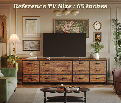 Huuger 78.7 inch Long Dresser for Bedroom, 15 Drawer Fabric Dresser for Closet, Large TV Stand for 65, 75, 85 inch TV, Wide Chest of Drawer with Storage, 78.7" W x 12.9" D x 26.7" H, Rustic Brown