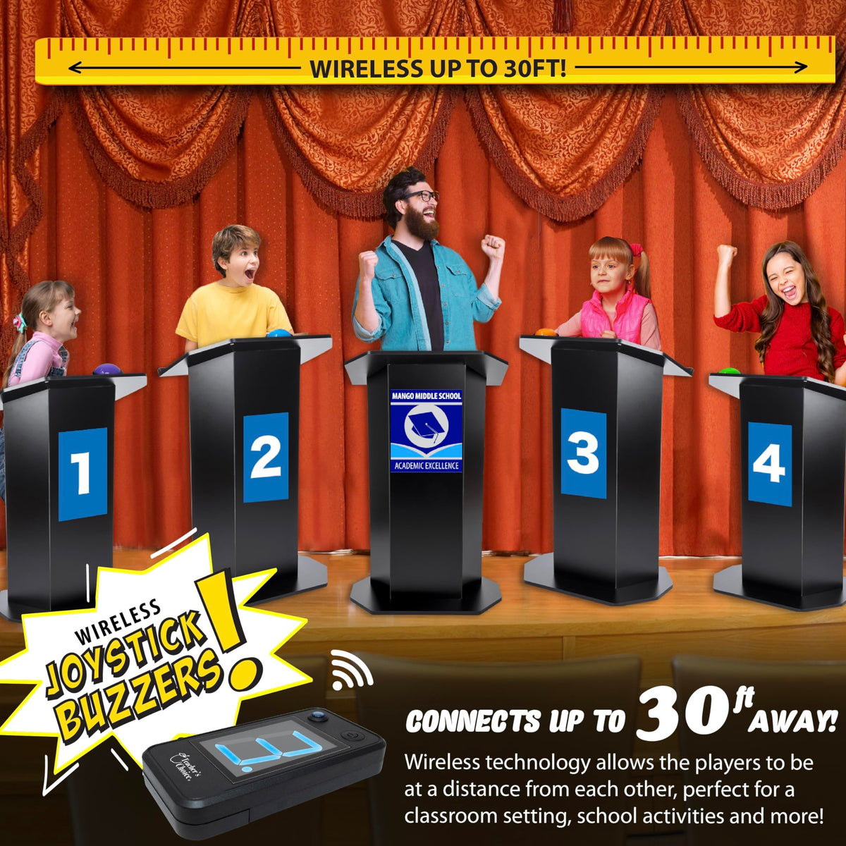Teacher's Choice Wireless Light Up 4 Player Game Buzzer Button System | Displays the Winning Player | Loud, Unique Sounds, Great for Trivia Games, Family Feud, Jeopardy, Competition, Spelling Bees