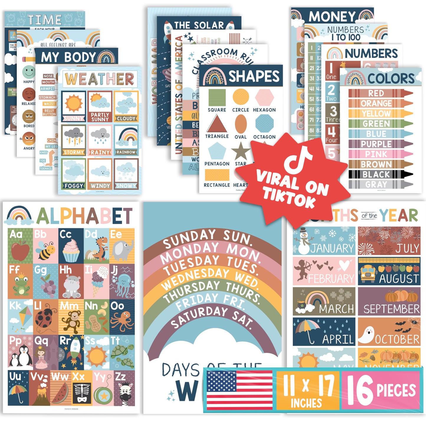 Hadley Designs 16 Educational Posters for Classroom Decor - Boho Educational Posters for Toddlers 1-3, Toddler Learning Posters for Kids Ages 3-5, Kindergarten & Preschool Classroom Must Haves