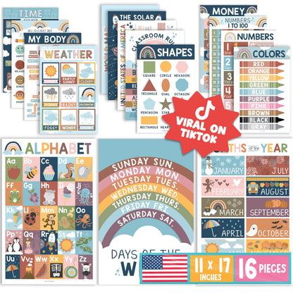 Hadley Designs 16 Educational Posters for Classroom Decor - Boho Educational Posters for Toddlers 1-3, Toddler Learning Posters for Kids Ages 3-5, Kindergarten & Preschool Classroom Must Haves