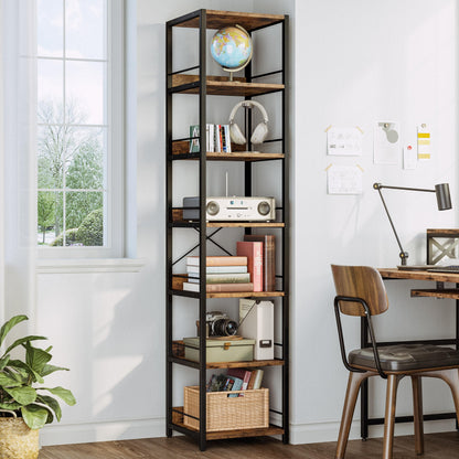 IRONCK 75" Tall Narrow Book Shelf, 6-Tier Open Corner Bookshelf, Industrial Metal Frame Square Display Storage Rack for Living Room, Rustic Brown
