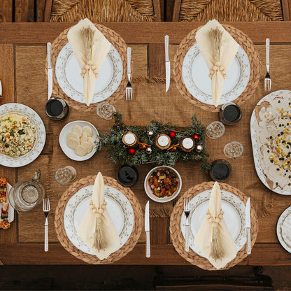 24 PCS Round Woven Placemats Set, 8 Boho Rattan Tablemats 13" Natural Water Hyacinth Farmhouse Place Mats with 8 Napkin, 8 Wooden Beads Napkin Ring for Kitchen Dining Table Decor Wedding Christmas