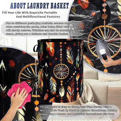 Boho Feather Printed Laundry Basket Foldable Oxford Cloth Colorful Laundry