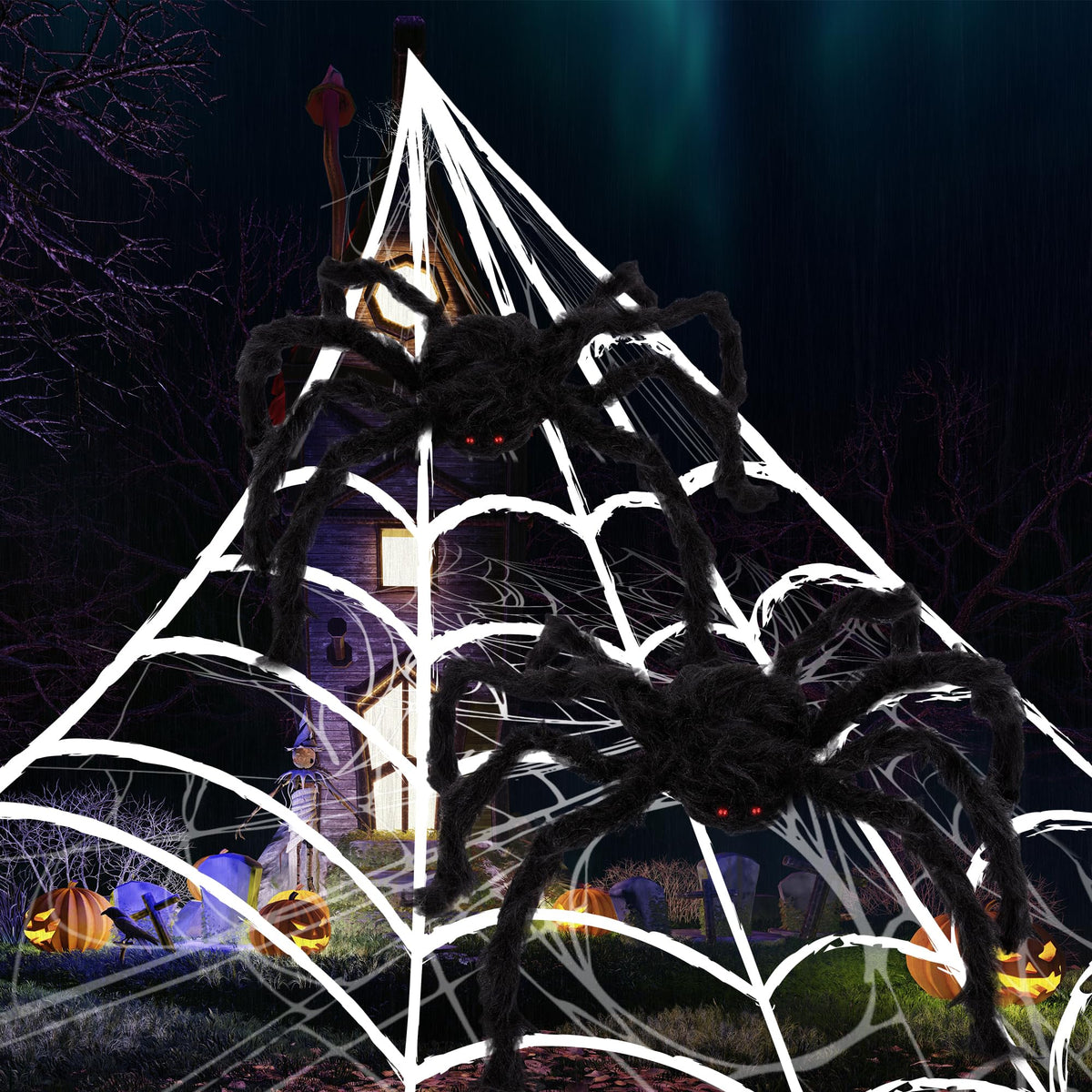 ArtCreativity Giant Spider Halloween Decorations, Includes Two 24" Spiders and a 16.4' Spider Web, Outdoor Spider Web Decoration with 2 Giant Spiders, Outdoor Halloween Decorations for Haunted House
