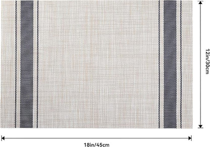 Leetaltree Khaki-Blue Placemats, Heat Resistant Non-Slip Place mats for Dining Table, Washable Durable PVC Vinyl Woven Table Mats (Set of 6)
