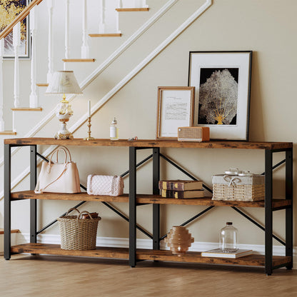 IRONCK Rustic Entryway Console Table, Long Hallway Table 70.8 in 3-Tier, TV Stand Entertainment Center Media Stand for Living Room, Industrial Style, Vintage Brown