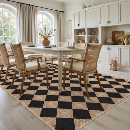 Dadasgk 5x7 Checkered Easy Jute Rug – Washable Non-Slip Indoor Outdoor Carpet, Black Textured Diamond Pattern, Neutral Area Rug for Living Room, Bedroom, Dining Room, Patio, Farmhouse Style