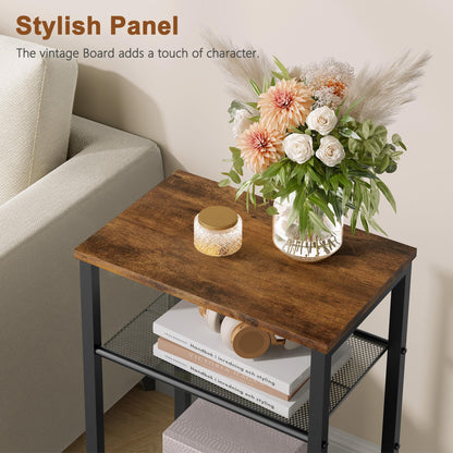 Hoctieon 2-Set 3 Tier End Table, Telephone Table Set of 2, Tall Side Table with Storage Set of 2, Small Nightstand for Small Spaces, Metal Frame, for Living Room, Bedroom, Sofa Couch, Rustic Brown