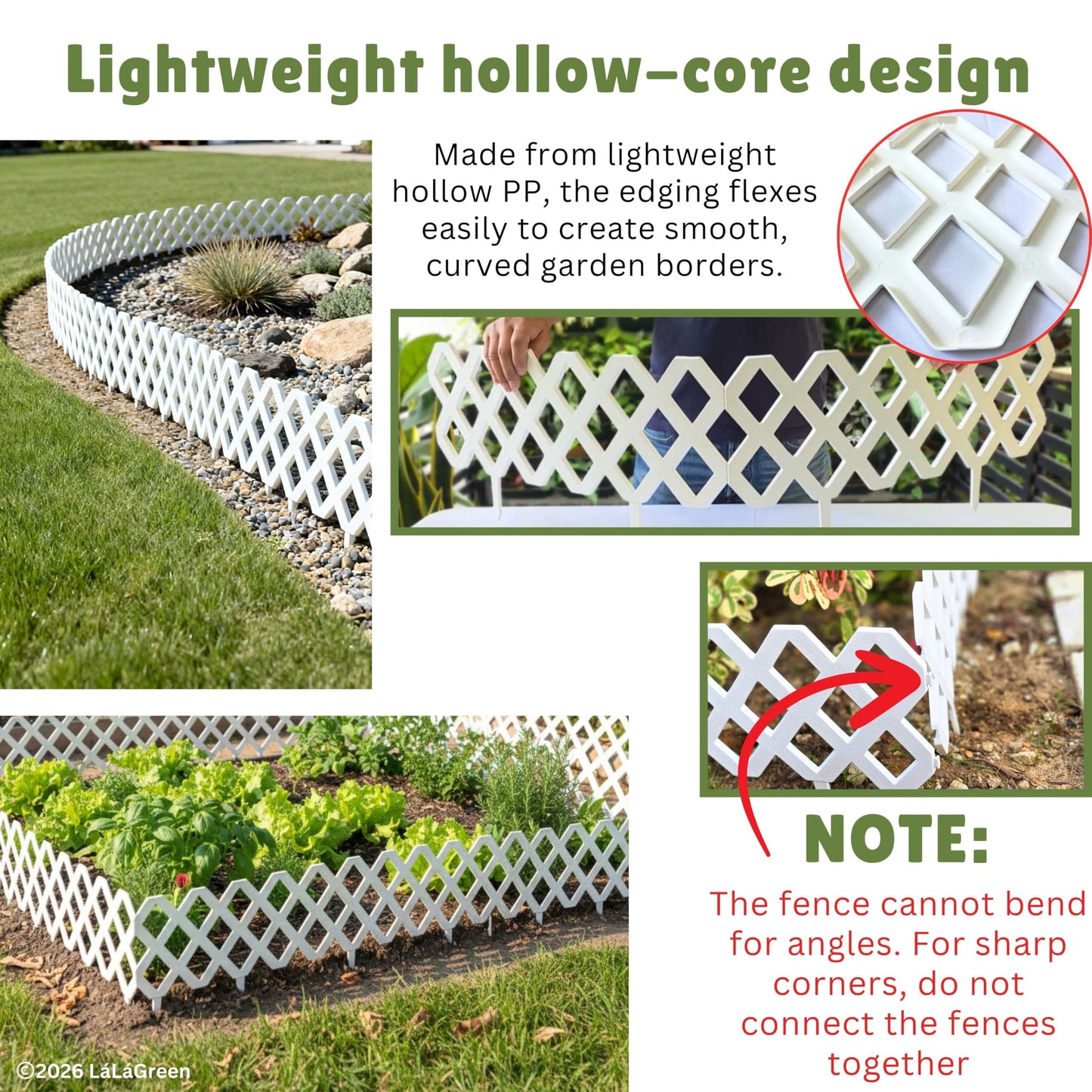 LaLaGreen Garden Edging Border (23x8.5 Inch, 10 Pack) White Plastic Fence Panels, Landscape Edging for Yard Lawn Patio Pathways Trees, Decorative Flower Bed Borders Outdoor Style Decor