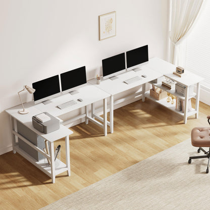 IOTXY Reversible L-Shaped Office Desk - 63" Extra Large Corner Computer Table with Storage Shelves, Solid Wood Legs, Home Writing & Study Workstation, White