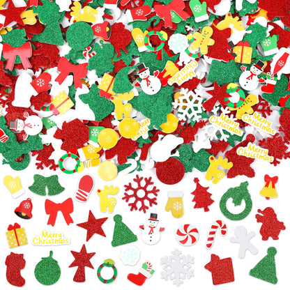 SEPGLITTER Christmas Foam Stickers, 600Pcs Christmas Glitter Santa Claus Snowman Elk Snowflake Self-Adhesive Foam Stickers for Kids Winter Christmas Party Favors DIY Crafts Decorations