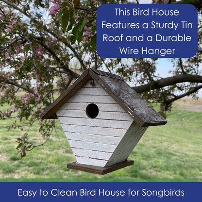 Backyard Essentials Shiplap Wren House - White Hanging Bird House - Wooden Birdhouse with Cable Hanger