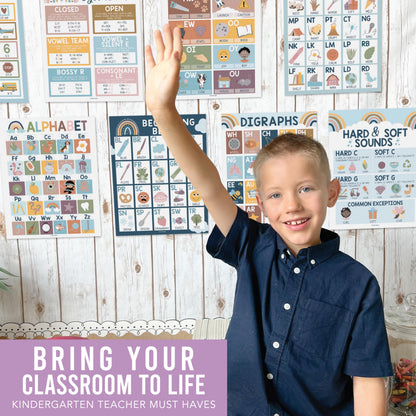 Hadley Designs Phonics Posters for Classroom Must Haves - 9 Sound Wall for Kindergarten & Elementary Teacher Supplies, Syllable, Vowels, Digraphs & Blends Bulletin Board Set, Boho Classrom Decor