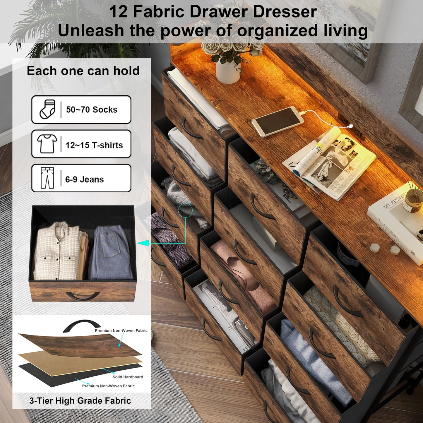 Welfuturer Dresser for Bedroom with 12 Drawers Clothes Dresser with Charging Station and LED Light Fabric Storage Tower for Living Room Hallway Closet Sturdy Steel Frame Wooden Top Rustic Brown