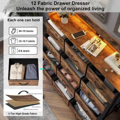 Welfuturer Dresser for Bedroom with 12 Drawers Clothes Dresser with Charging Station and LED Light Fabric Storage Tower for Living Room Hallway Closet Sturdy Steel Frame Wooden Top Rustic Brown