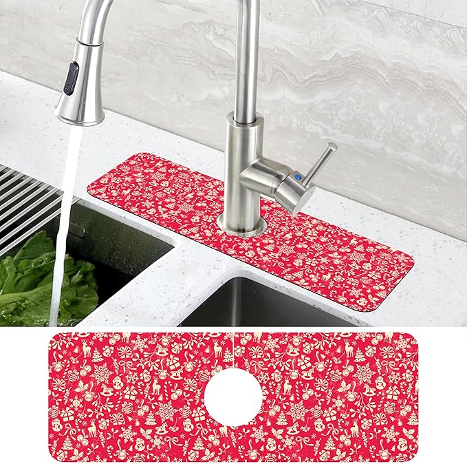 Christmas Reindeer Bell Snowflake Kitchen Sink Splash Guard Mat Absorbent Fast