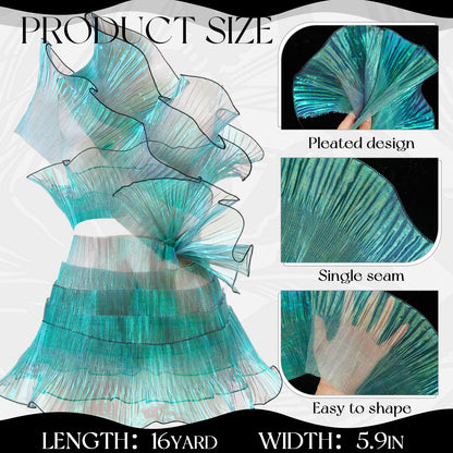 Ganeen 16 Yard Ruffle Pleated Iridescent Ribbon, Green Jellyfish Organza Ruffle Trim, Retro Tulle Lace Fabric for Jellyfish Costume Sewing Craft Dress Hat Lantern Cake Christmas Tree Decor