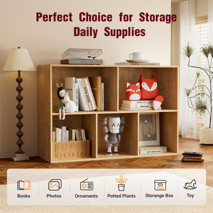 Nestwise Book Shelf, Wooden Cube Storage Organizer with 11" Open Cubes, Stackable Modular Bookcase for Room Divider Storage, 2 Tier Bookshelf for Living Room, Bedroom, Office (Oak, 5-Cube)