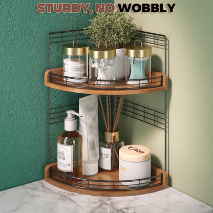 JNFUZ Bathroom Countertop Corner Organizer for Small Spaces – 2-Tier Counter Shelf for Sink & Vanity, Compact Vertical Storage for Toiletries (Walnut)