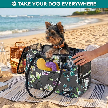 PetAmi Dog Purse Carrier for Small Dogs, Airline Approved Soft Sided Pet Carrier with Pockets, Ventilated Dog Carrying Bag for Puppy Cat, Dog Travel Supplies Bag, Sherpa Bed, Max 12 lbs, Floral Gray