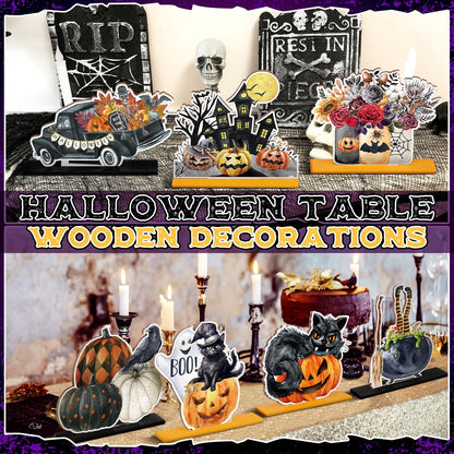 Marsui 12 pcs Halloween Wooden Decor Table Centerpieces Decorations for Home Spooky Halloween Pumpkin Ghost Black Cat Wooden Sign Wood Blocks Sign Home Decoration Tiered Tray Decor for Kitchen Shelf