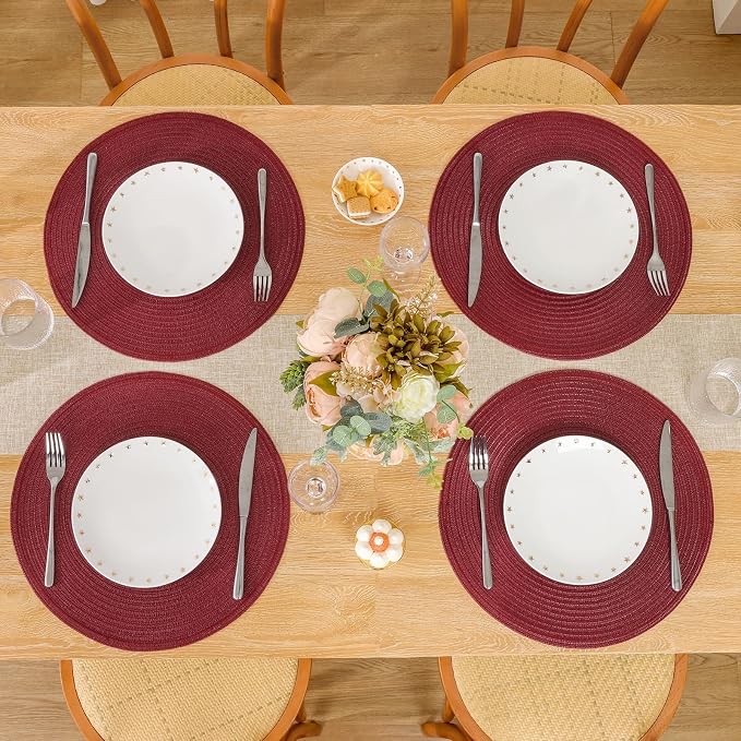 SHACOS Round Placemats Set of 8 for Dining Table 15 inch Round Braided Place Mats Cotton Polyester Washable Non Slip Kitchen Table Mats, Burgundy