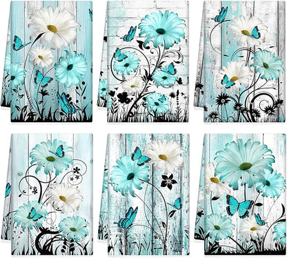Breling Set of 6 Teal Daisy Kitchen Towel Vintage Themed Dish Towel Turquoise