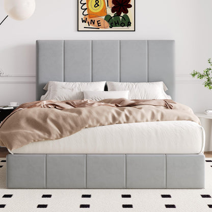 Allewie Queen Size Velvet Lift Up Storage Bed Frame, Vertical Channel Tufted Headboard, Hydrualic Underneath Storage, Upholstered Platform Bed, Wooden Slats Support, No Box Spring Needed, Gray