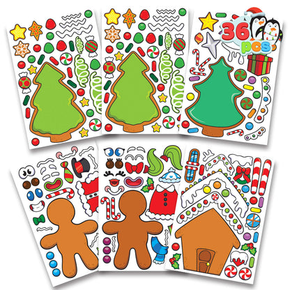 JOYIN 36 Pcs Christmas Make-a-face Sticker Sheets Make Your Own Xmas Cute Stickers with Gingerbread and Tree Sticker Series Design for Kids Party Favor, Art Craft Supplies, Classroom Activities Game