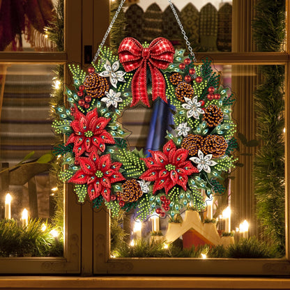 Diamond Art Hanging Kit for Adult,Special Shaped Rhinestone,DIY Acrylic Diamond Art Painting Window Pendants Home Garden Wall Hanging Kits Hanging Ornament,Double Sided. (Christmas Wreath)