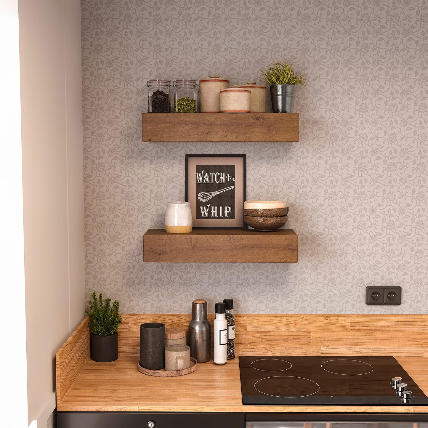 ROOREVO Wall Floating Shelves, Rustic Wood Wall Shelf Handmade - Wooden Shelves for Bathroom Kitchen Livingroom(Light Walnut, 17 Inch - 2 Pack)
