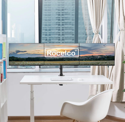 Rocelco Premium Triple Monitor Desk Mount - Standard Pattern Fits 13" - 27" LED LCD Flat Computer Screen - Three Articulated Full Motion Adjustable Arms - Grommet and C Clamp - Black (R DM3)