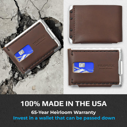 Trayvax Venture Billfold Wallet, Front Pocket Money and Credit Card Holder, Minimalist Slim Leather Metal Wallet for Men and Women, Frontier Brown Leather