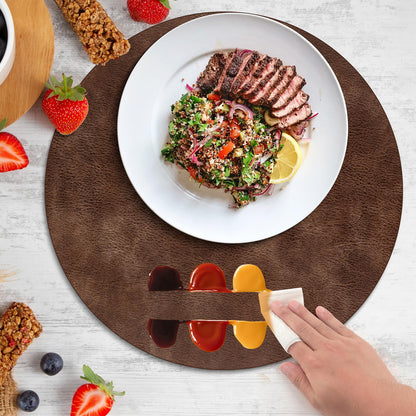ADRIMER Placemats, Heat Resistant Round Placemats Set of 8 Washable, Waterproof Table Mats, Wipeable Faux Leather Place Mats for Kitchen, Dining Room, Brown