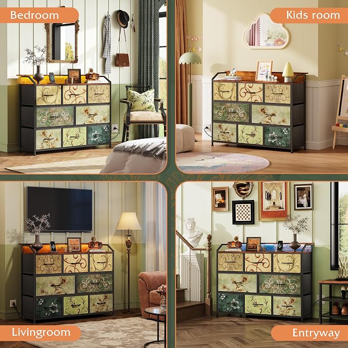 WLIVE Led Dresser for Bedroom, TV Stand for Bedroom with LED Lights and Power Outlet, Wide Chest of Drawers for Hallway, 8 Fabric Drawers for Living Room and Entryway, Floral Painted