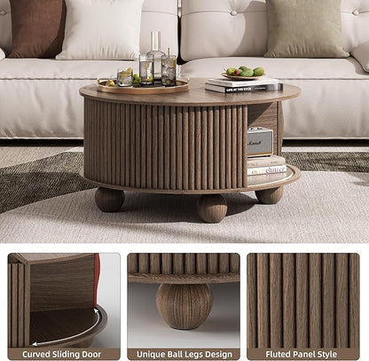 Round Coffee Table with Storage, 31.5" Mid Century Modern Coffee Table with Sliding Door & Bun Feet, Minimalist Fluted Center Table for Living Room, Home Small Space, Walnut