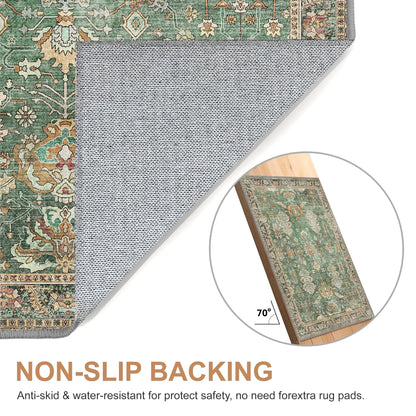 Bavni Washable Area Rugs 8x10 Green Boho Rug Tumble Vintage Large Carpet for Living Room Bedroom Dining Room, Non Slip Thin Low Pile Chenille, Dark Sage/Gold