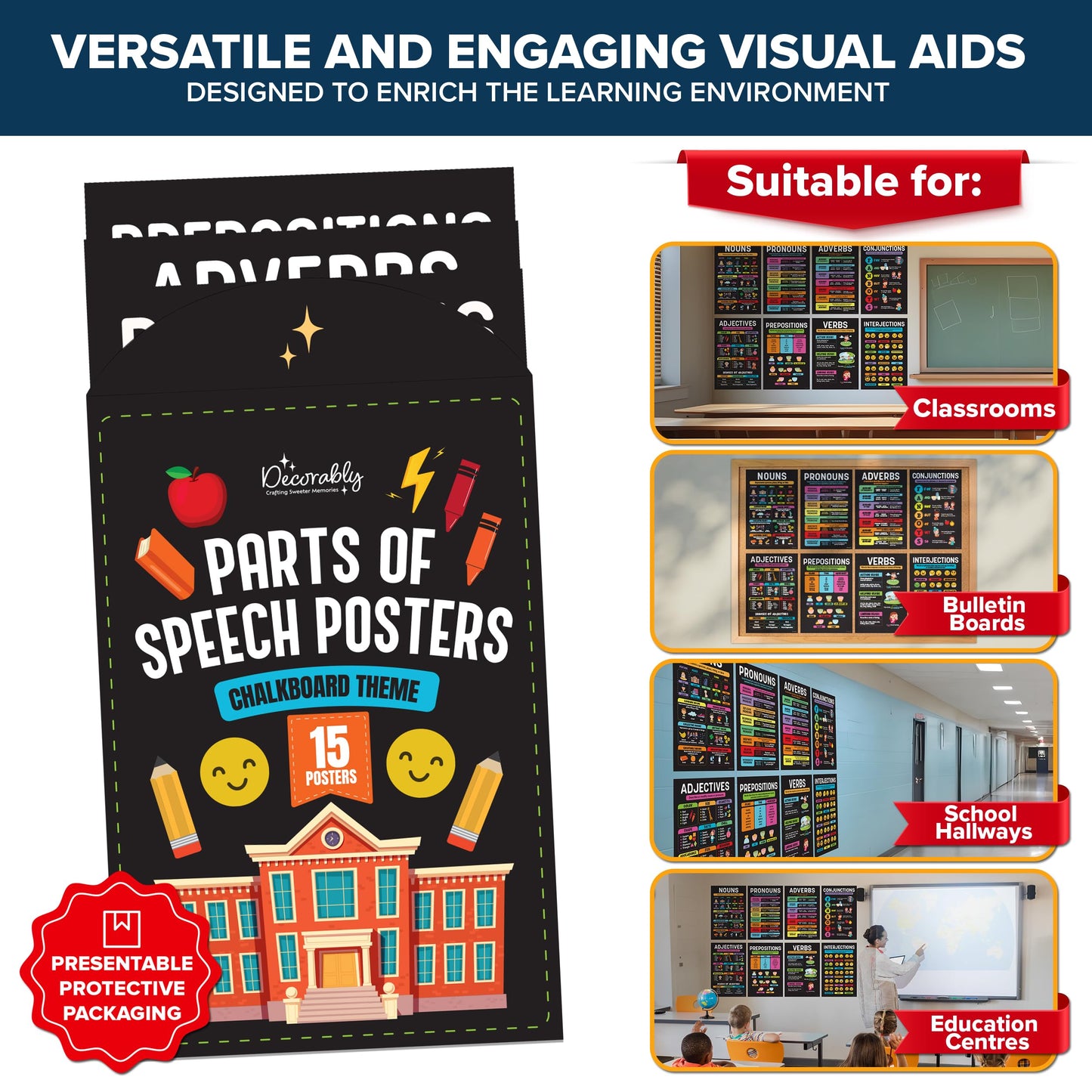 Decorably 15 Chalkboard Parts of Speech Grammar Posters for Classroom, 11x17in Educational, Matte-Laminated Decor - for School, Hallways, Bulletin Boards, Home Study Room